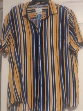 Cactus Man Yellow Blue Striped Short Sleeve Vertical Stripe Button Down Shirt